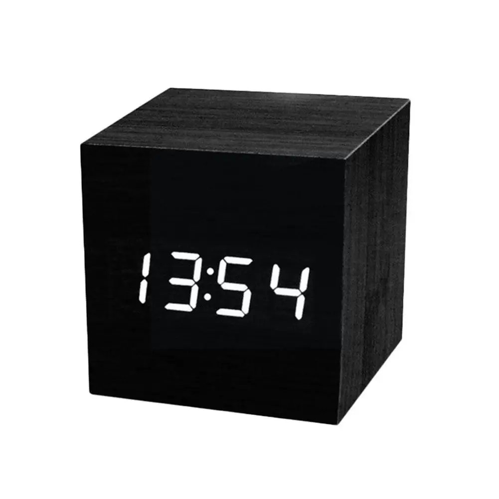 Square Wooden Alarm Clock Voice Control Snooze Function Minimalist Home Led Wood Temp Table Style Desk Cube Dec Z3c5 |