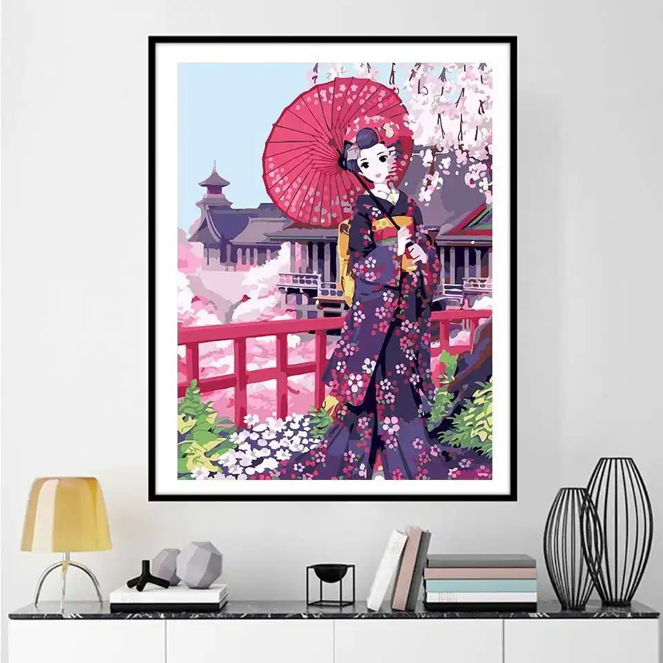AZQSD Painting By Numbers Paint Kimono Girl DIY Canvas Picture Hand Painted Cherry Blossoms Oil Home Decoration K446 | Дом и сад