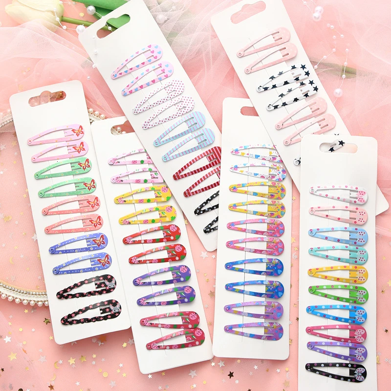 10 Pieces New Cute High Quality Printing Snap Hair Clips For Kids Solid Matel Hairpins Girls Hair Accessories Clips