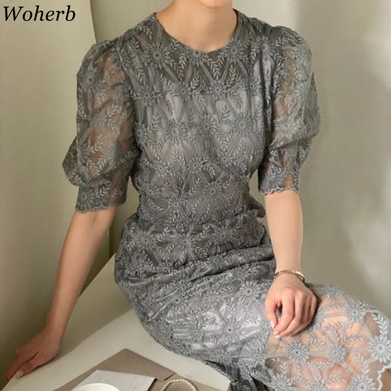 Женское кружевное платье Woherb элегантное с высокой талией облегающее пышными