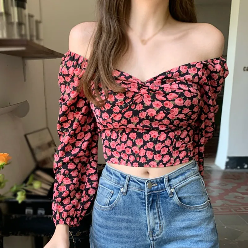 

Korean Chiffon Blouse Spring Autumn Floral Print Blouses Women Sexy Slash Neck Long Sleeve Shirt Tops