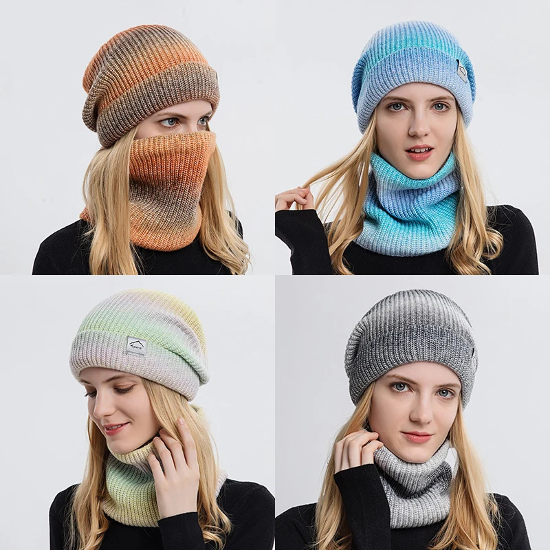 Winter Warm Knitted Beanies Set For Women Gradient Striped Scarf Hat Outdoor Thick Hedging Caps Female Tie Dye Skullies Beanies