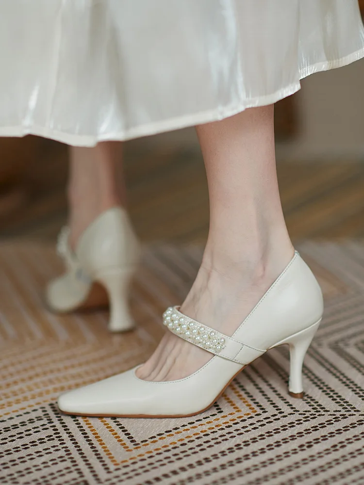 

Stiletto Korean women's pearl elegant high heels autumn trend cute Mary Jane