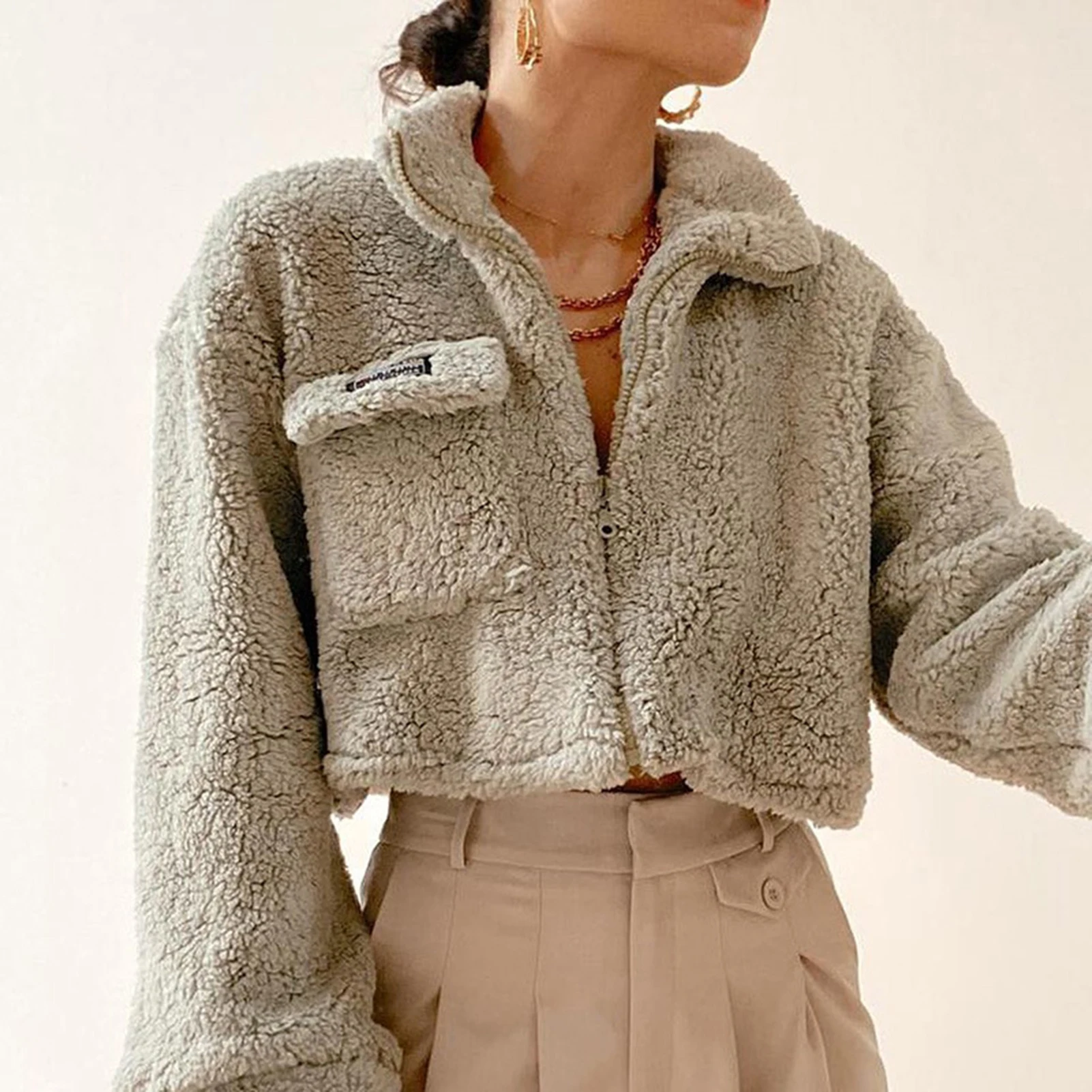 

Women Autumn Winter Long Sleeve Short Coat Plush Pocket Zipper Jacket Outerwear