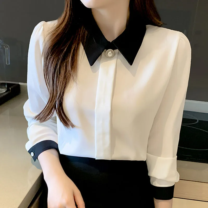 

Autumn 2021 Elegant White Shirt Female Long Sleeve Top Chiffon Shirts Free Shipping Items Clothes for Women Solid Button 1249