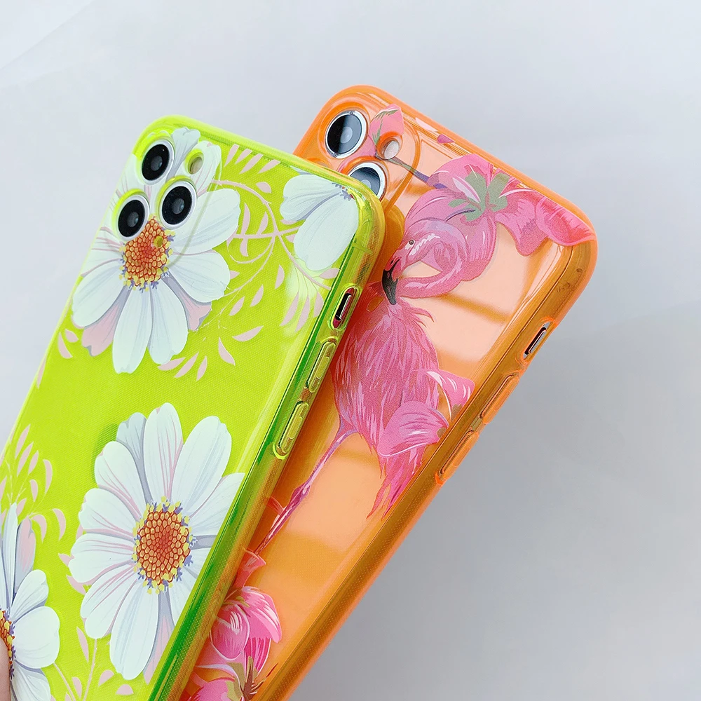 Чехол для телефона с флуоресцентным цветком и фламинго iPhone 11 Pro Max XR X XS 7 8 Plus Мягкий