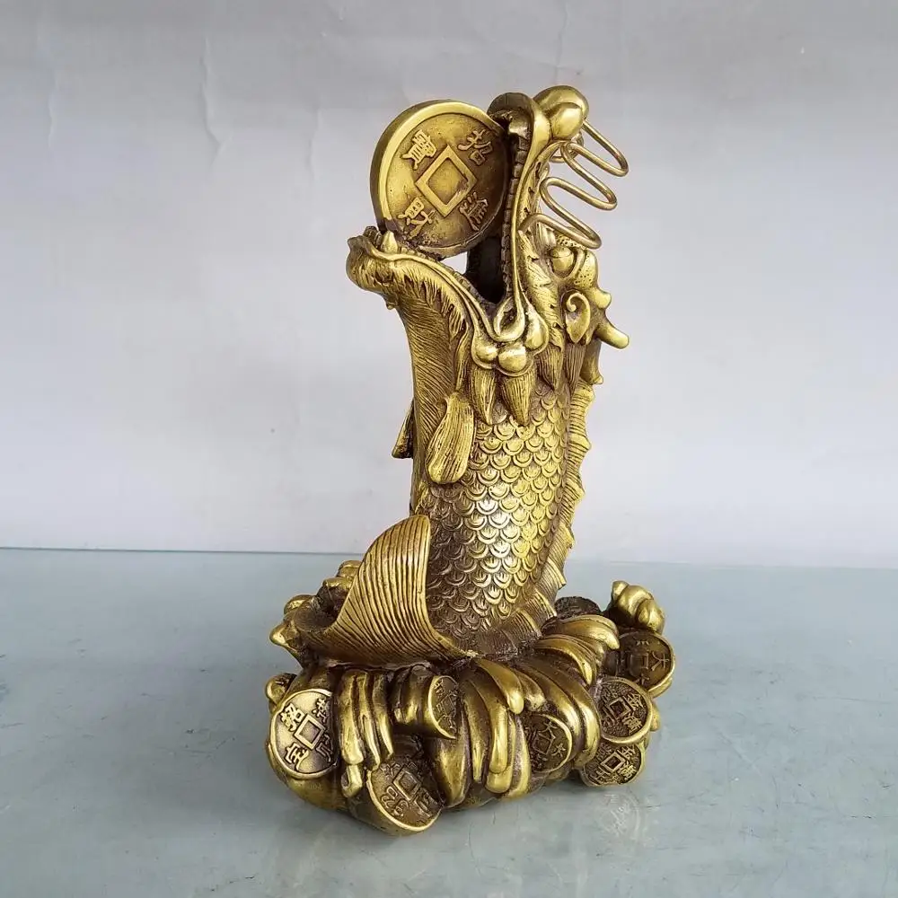 

7" Chinese Seikos Brass Dragon head fish statue Chinese dragon spit coins Dragon head fish tail Implication Lucky fortune