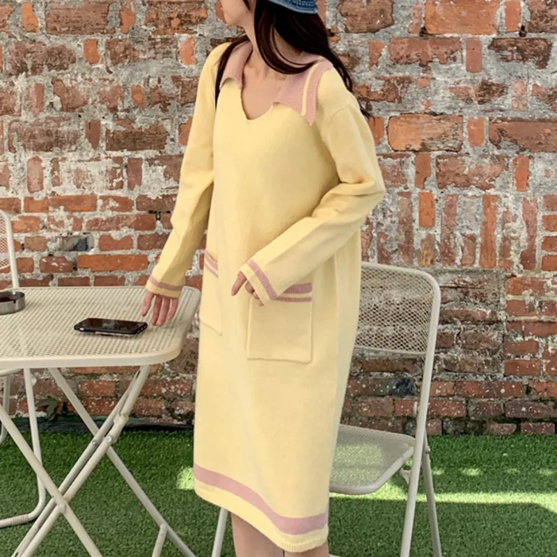 

Autumn Winter Women Robe Casual Loose Long Sleeve Turn-Down Collar Knitting Vestidos Pockets Striped Warm Sweater Dresses Female