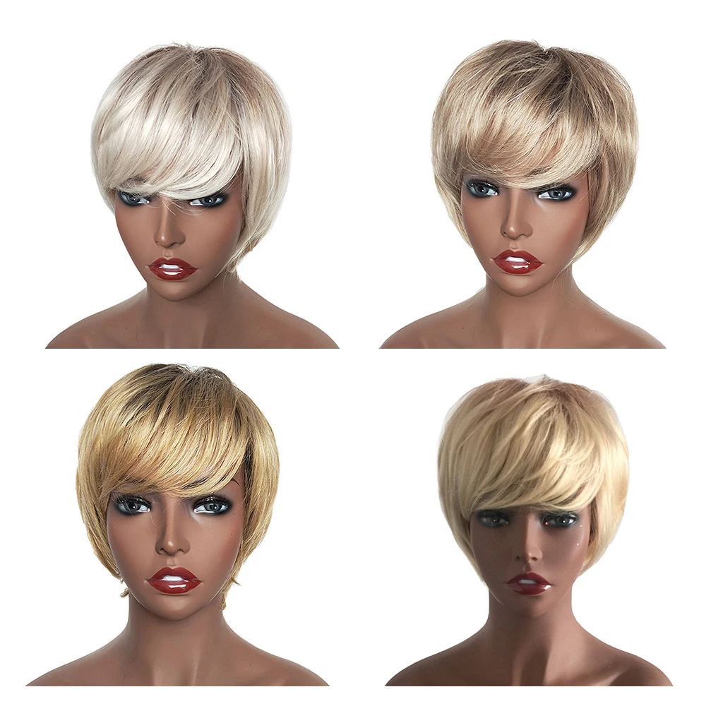 

Silky Human Hair Wigs,Short Straight Bob Cosplay Wig Pixie Wigs with Bangs for Black Women