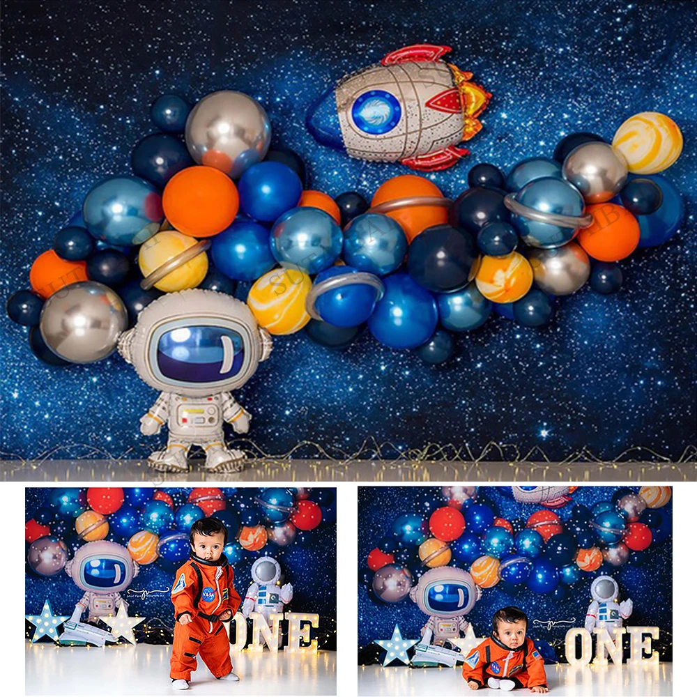 

Space Theme Backdrop Astronaut Rocket Planet Galaxy Balloons Kids 1st Cake Smash Birthday Photography Background Photo Studio