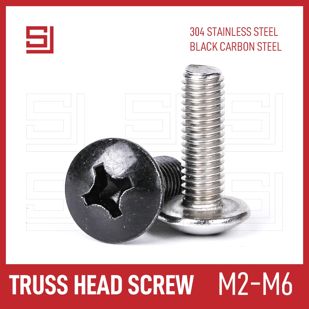 

SJ Machine Screws M2 M2.5 M3 M4 M5 M6 Round Truss Pan Head Crosse Phillips Bolts Screw 10/100 Pcs 304 Stainless Steel Black Bolt