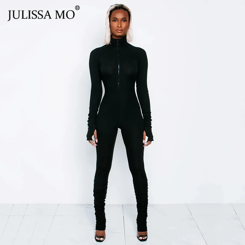 Женский комбинезон в рубчик JULISSA MO с высоким воротником и молнией черный