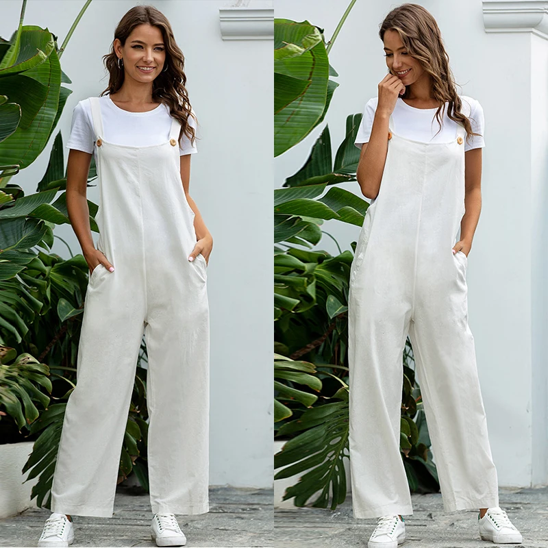 

Women Casual Loose Jumpsuit Autumn Solid Strap Wide Leg Pants Dungaree Bib Overalls Sleeveless Oversized Cotton Linen Jumpsuits