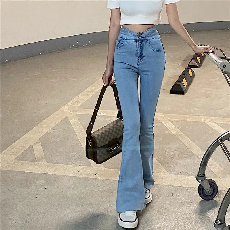 

Узкие женские расклешенные джинсы с высокой талией, Повседневная Уличная одежда, джинсовые брюки с вырезом, шикарные длинные расклешенные ...