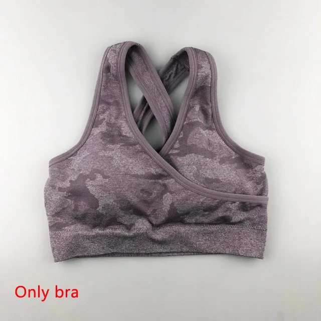 Purple Bra 3 шт., камуфляжный бесшовный комплект для йоги, женская одежда для тренировок, бюстгальтер с эффектом омбре, топы с длинными рукавами, леггинсы, спортивный комплект для фитнеса, женская спортивная одежда - Цвет: Purple Bra