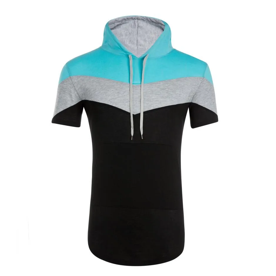 

2021 New Men's Trendy Hip-Hop Casual Short-Sleeved Hoodie 3-Color Stitching T-Shirt Men's Hooded Men's Besign Sports Hoodie