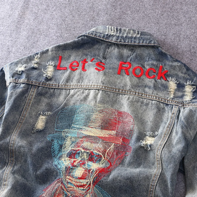 

American Street Style Fashion Men Jacket Skull Embroidery Designer Ripped Punk Denim Coats Jackets Men Hip Hop Chaqueta Hombre