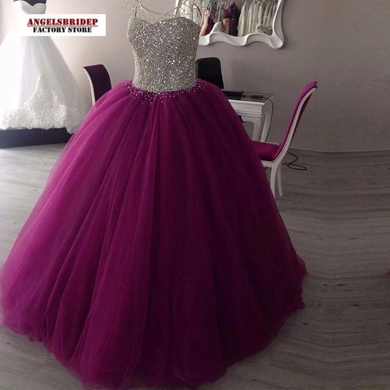 

Sexy Purple Ball Gown Quinceanera Dresses Sparkly Beads Tulle Vestidos De 15 Aos Floor-Length Sweetheart Masquerade Dress Puffy