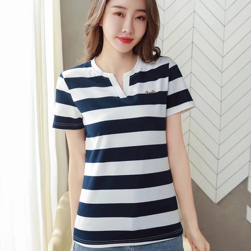 

Poleras Mujer Summer Tops Women 2021 Striped V-Neck T-shirt Cotton Short Sleeve T Shirt Woman Elegant Casual Camisetas De Mujer