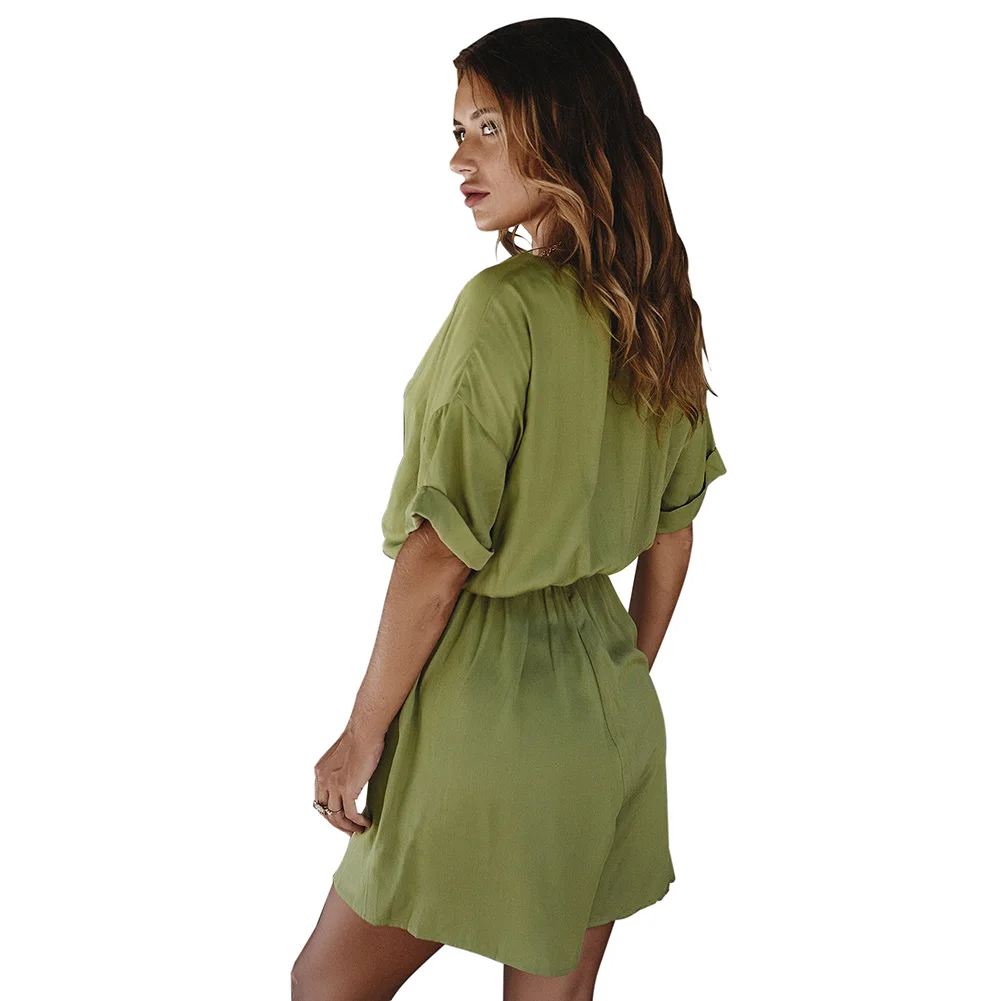 

2020 Spring Summer Loose Playsuit Button Bow Jumpsuit Beach Holiday Rompers Sexy Elastic Waist Belt Casual Overalls for Women