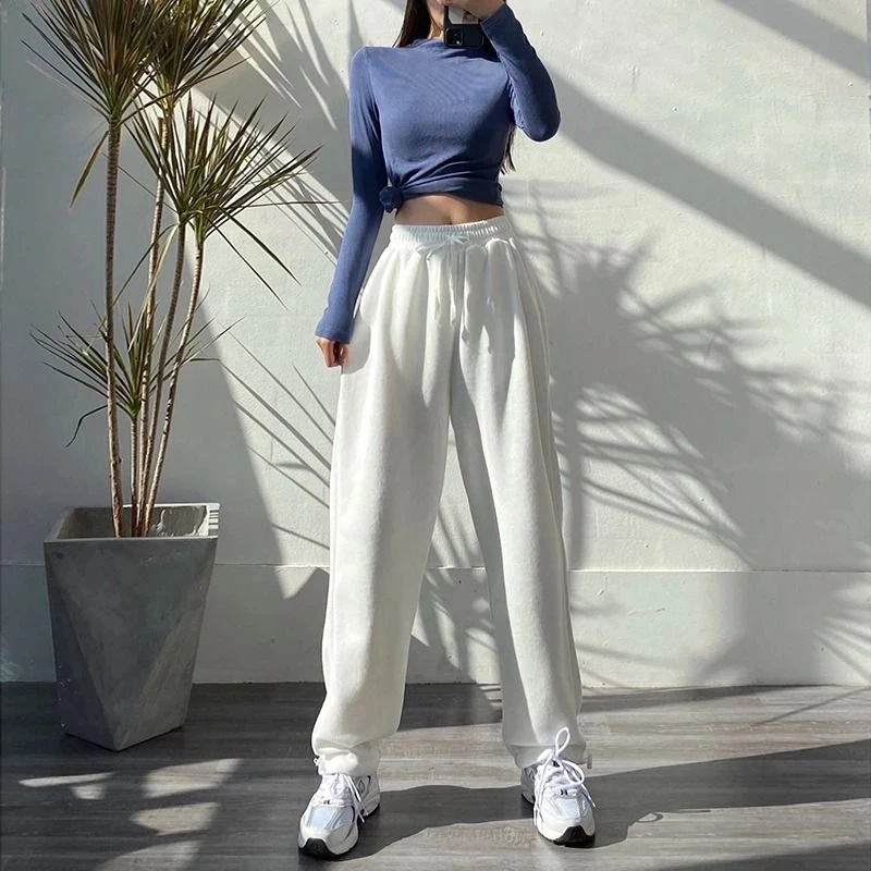 

2021Autumn Women Sports Pants Korean Oversize Gray Jogging Sweatpants Baggy Loose Feet High Waist White Trousers Female