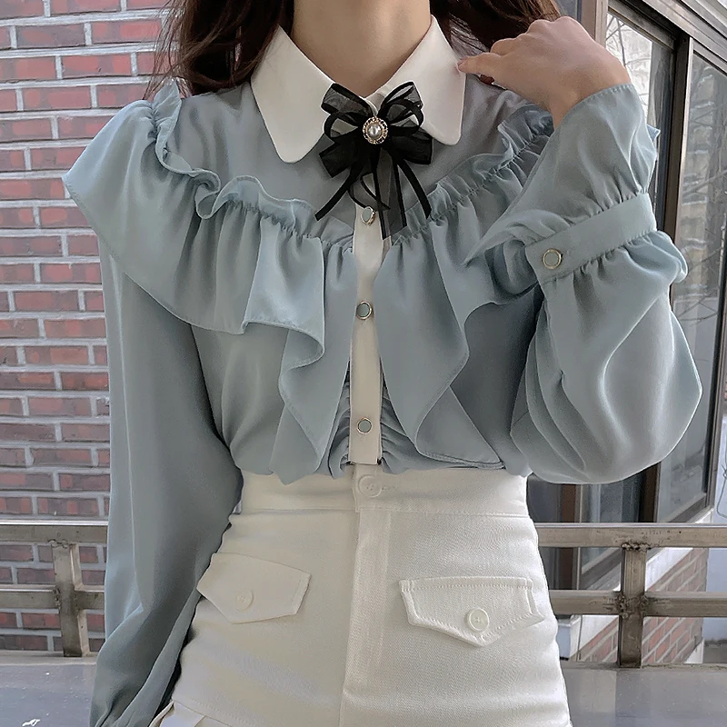 

Chic Korean Bow Blouse Women Vintage Cute Long Sleeve Ruffles Shirt Spring Summer Plus Size Tops Clothes Women Shirts