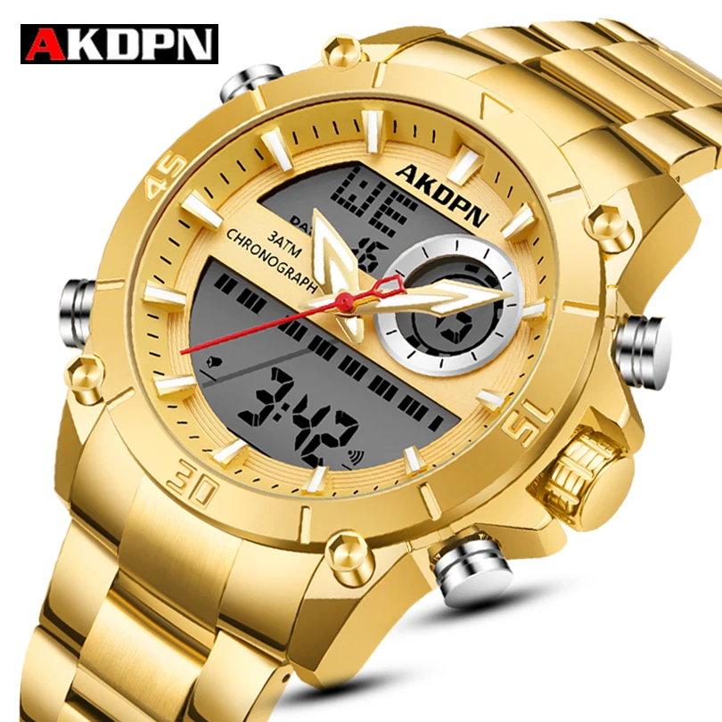 

AKDPN Men Military Sport Wrist Watch Gold Quartz Steel Waterproof Dual Display Male Clock Watches Relogio Masculino 9017