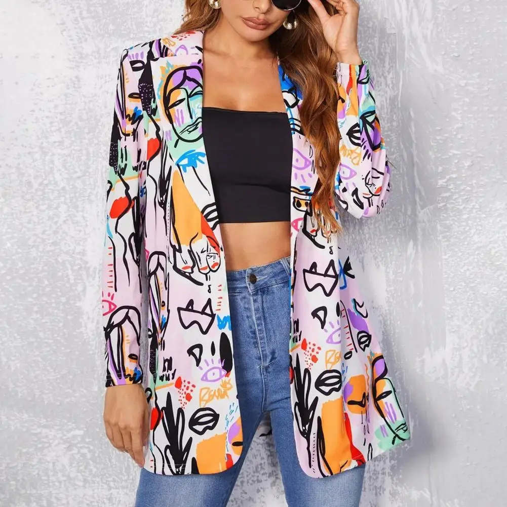

Women Blazer Graffiti Printing Single Button Autumn Winter Lapel Long Sleeve Slim Suits Jacket for Dating