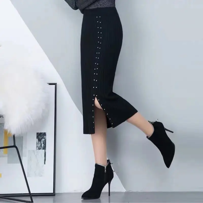 Женская Осенняя трикотажная юбка с высокой талией теплая элегантная вязаная в