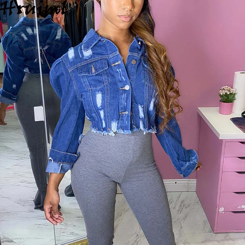 

Dropshipping Long Sleeve Jacket Women Turn-down Collar Plus Size Fashion Denim Jacket Casual Short Puff Sleeve Women Coat 2021
