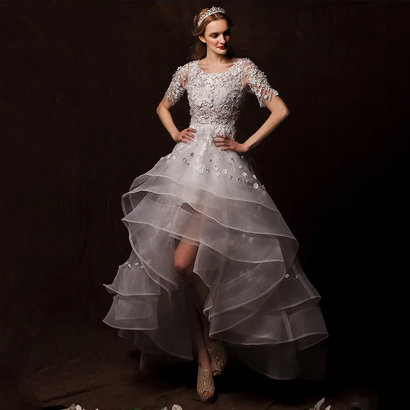 2018 кружевное свадебное платье с коротким рукавом и цветами Многоярусное невесты