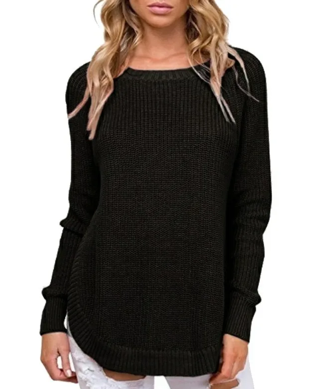 Пуловер с высоким разрезом круглым вырезом и длинными рукавами в европейском