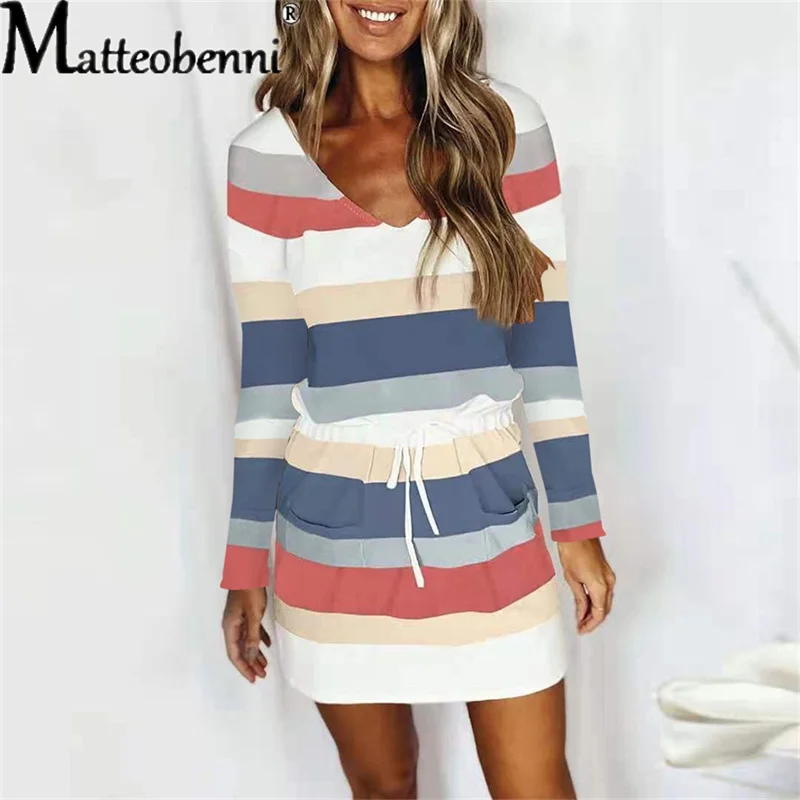 

2021 Summer New Women's Dress Striped Patchwork Casual V-Neck Long Sleeve Sexy Dresses Ladies Pocket Drawstring Dress