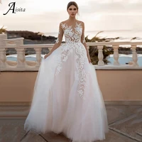 floral appliques wedding dresses three quarter scoop neck backless a line court train tulle bridal gowns vestido de novia 2022