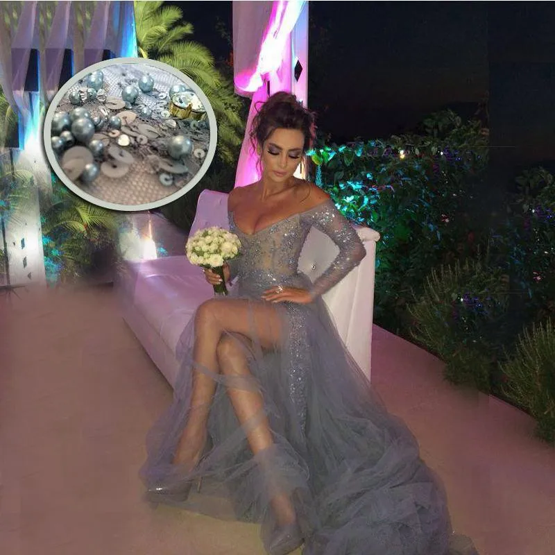 

Charming Grey Evening Dresses Sexy Lace Applique Beading Formal Prom Gowns Split Bateau Neck Long Sleeves Lace Reception Dress