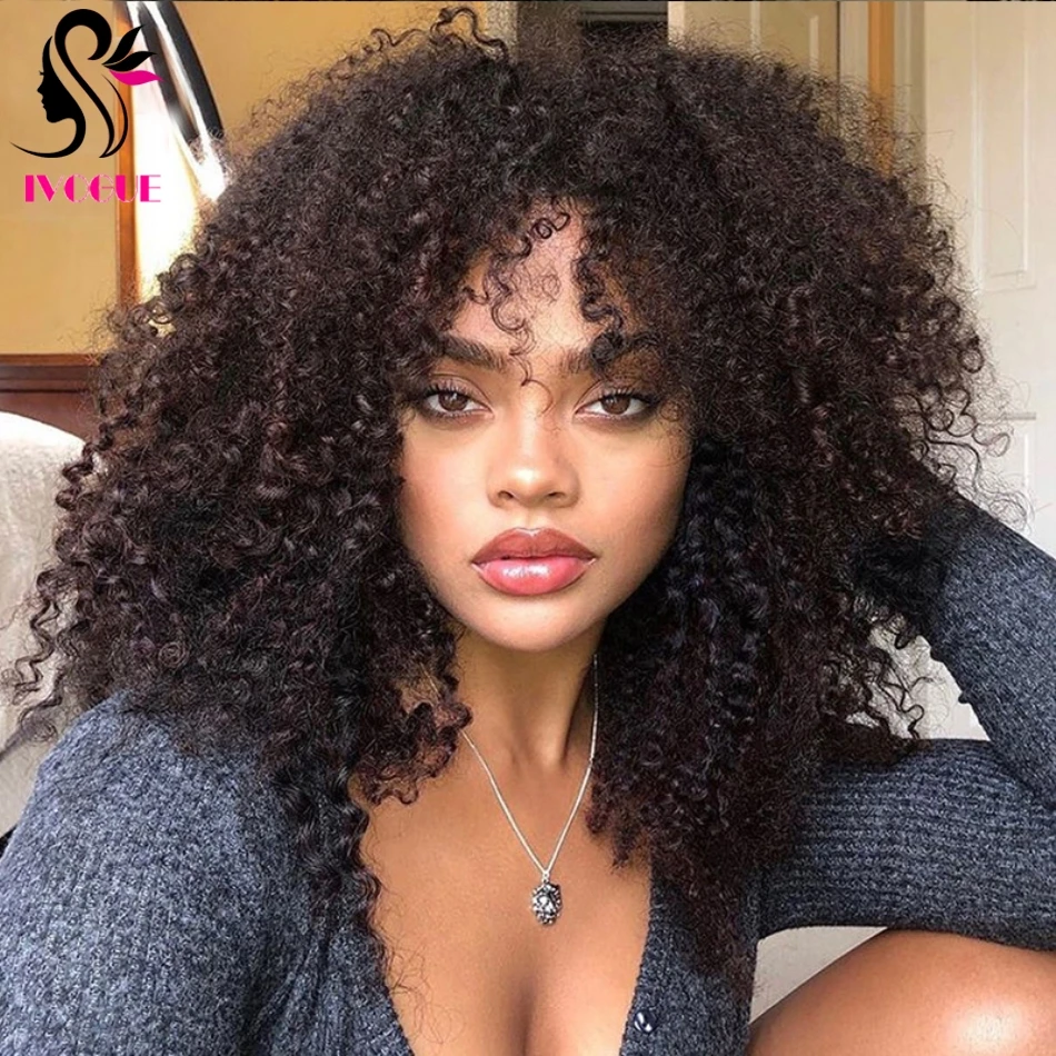 

Afro Kinky Curly Human Hair Wig Scalp Top Wig with Bangs 200% Density Silk Base Full Machine Wigs Skin Top O Part Natural Black