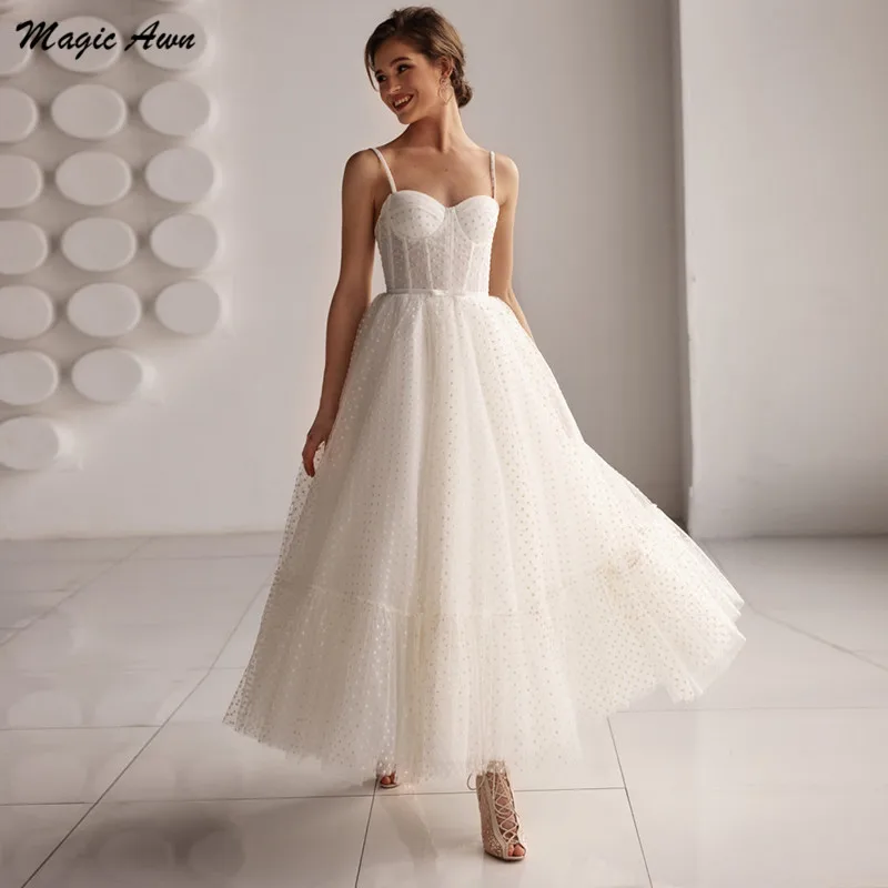 

Magic Awn New Polka Dots Tulle Wedding Dresses Spaghetti Straps Illusion Ankle-Length Boho Mariage Gowns Lace-Up Back Vestidos