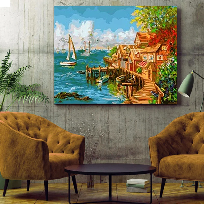 DIY картинки для раскраски по номерам с домиком на море картина рисования