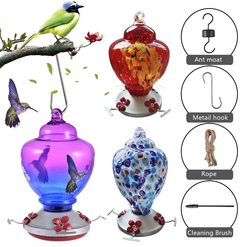 

Bird Water Feeder Bottle Hummingbird Feeder Bird Perch for Outdoors Patio Hand Blown Glass Hummingbird Feeder