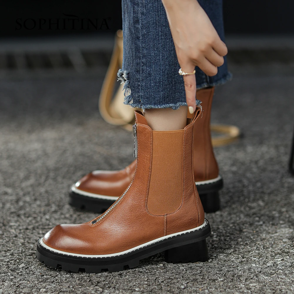 

SOPHITINA New Women Boots Chelsea Fashion Style Round Toe Front Zipper Genuine Leather High Quality Street Mid-calf Boots HO451