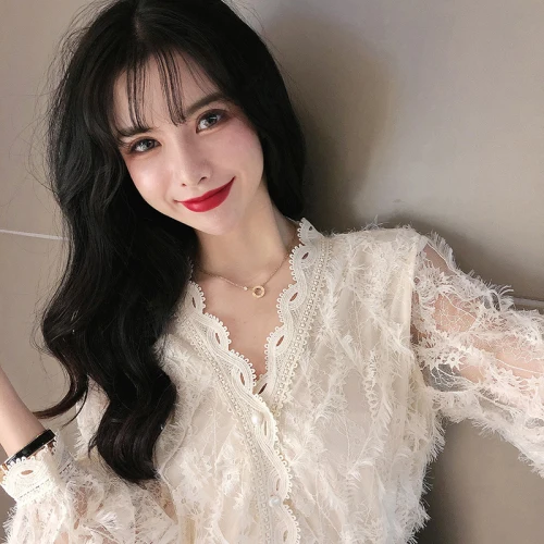 

Spring Autumn Lace Elegant Solid Ruffled Neck Chiffon Women Female Lady Blouse Shirt