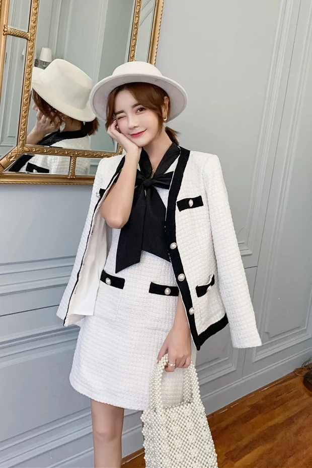 Mozuleva небольшой аромат Женский твид набор v-образный вырез жемчуг куртка пальто +