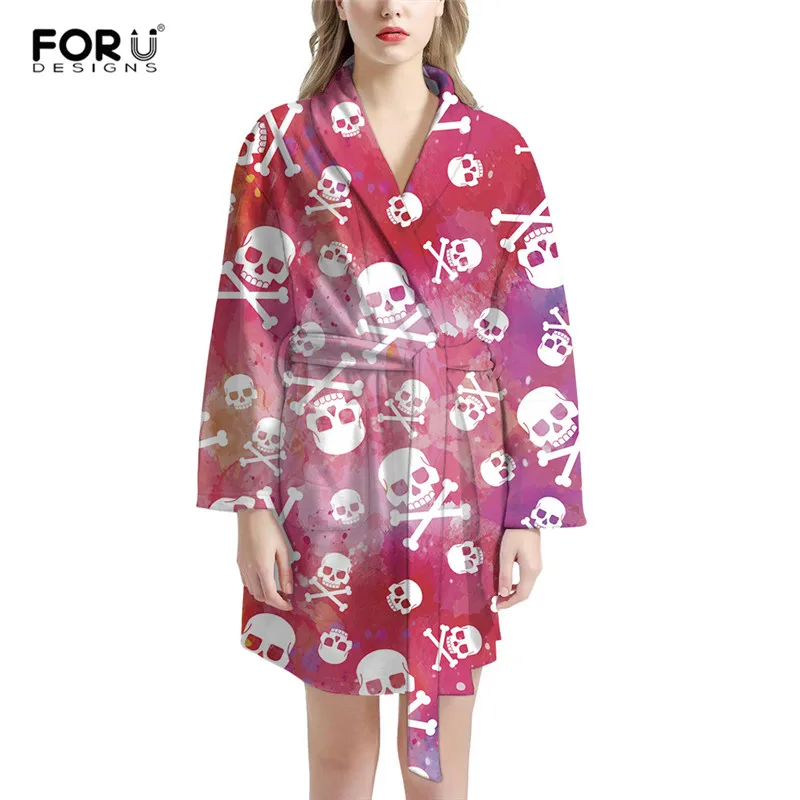 

FORUDESIGNS Cool Skull Pattern Women's Robes Soft Bathrobes for Lady Female Night Dress Comfort Night-robes Women Sleepwear