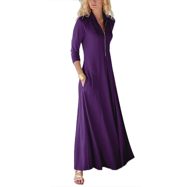 

Spring French Women Zipper Up Muslim Dress Kaftan Long Sleeve Solid Maxi Long Vestidos Islamic Eid Mubarak Abaya Robe Plus Size