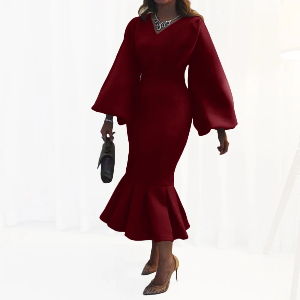 

Zoctuo Midi Dress Elegant Women Solid Lantern Sleeve Dress Spring Plus Size Lady V-neck High Waist Bodycon Mid-Calf Dresses 2021