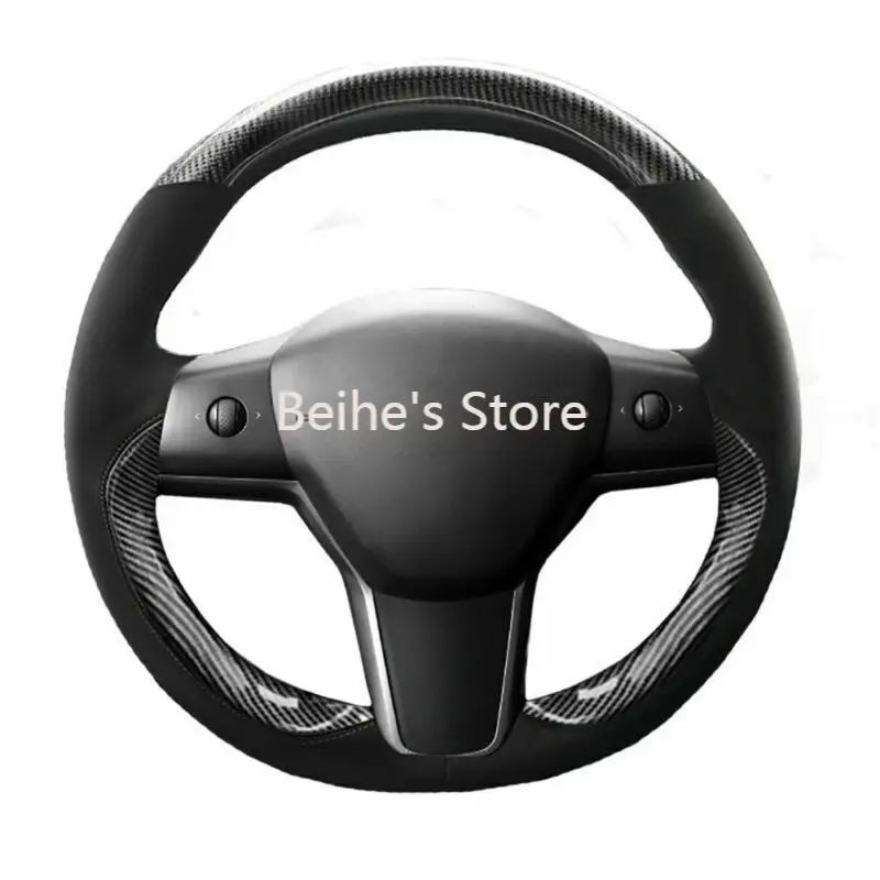 

Alcantara+Carbon Fiber Leather Steering Wheel Stitch Wrap Cover For Tesla Model3