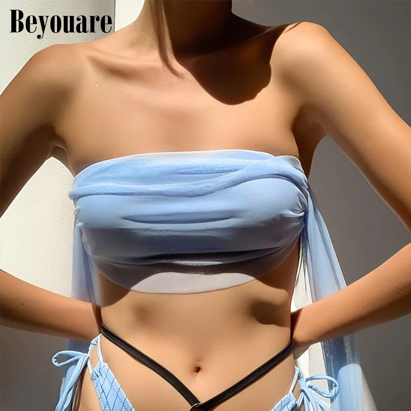 

Beyouare Women's Strapless Tank Gauze Halter Bandage Crop Tops Sexy Beach Style Solid Elegant Skinny Ultrashort Vest 2021 Summer