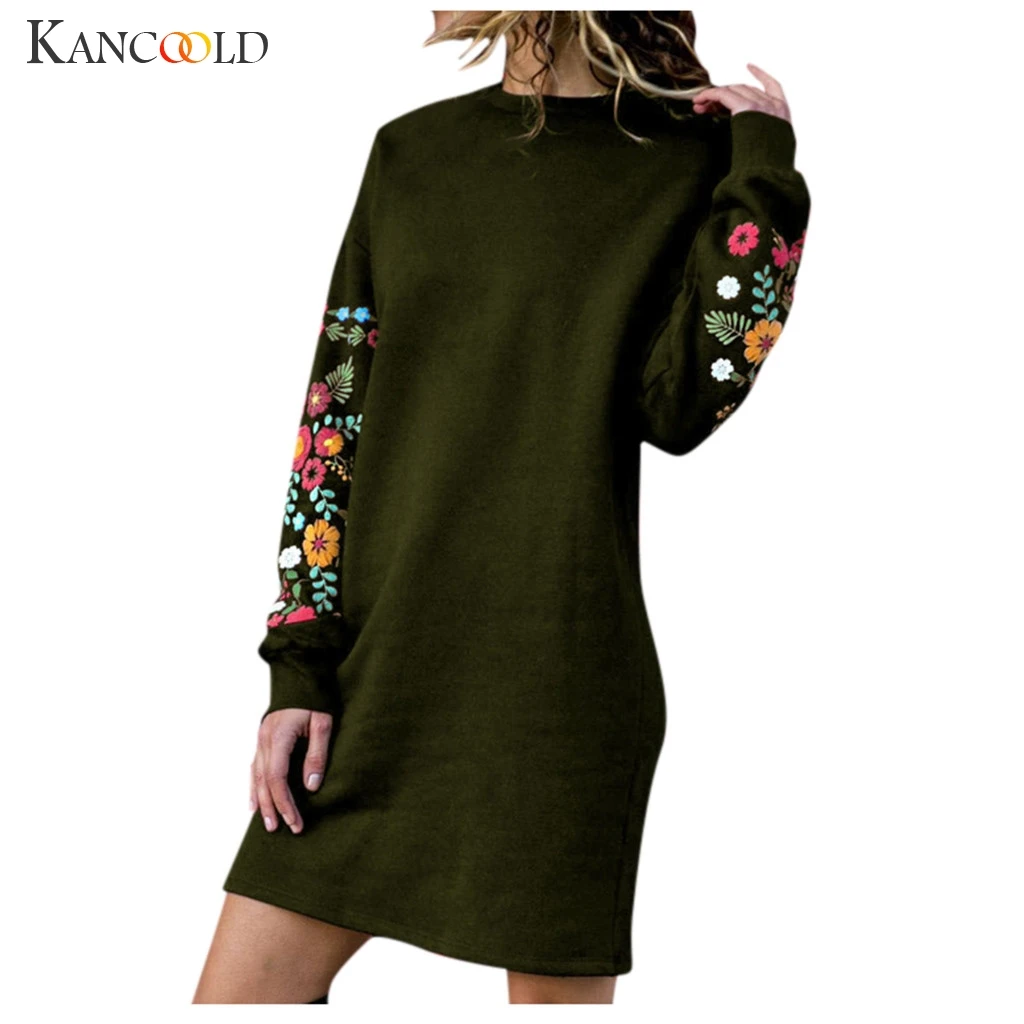 KANCOOLD, осень, зимние платья для женщин, повседневные, с длинным рукавом, с цветочной вышивкой, платье-толстовка, праздничная одежда, короткие платья