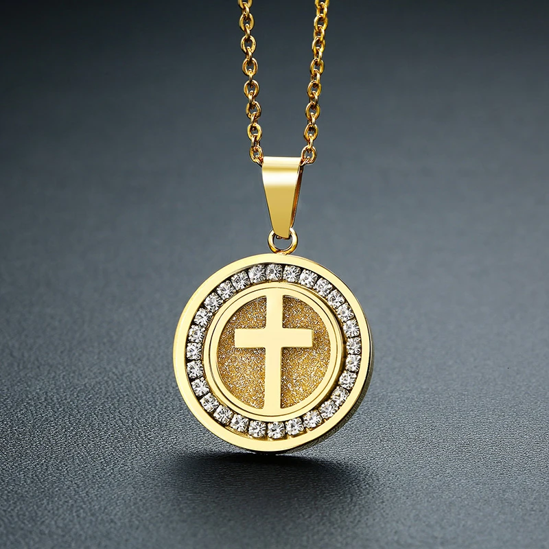 

Women Coin Necklace Medallion Pendant With Cubic Zirconia Dainty Cross Choker Charm Lady Mom Gifts