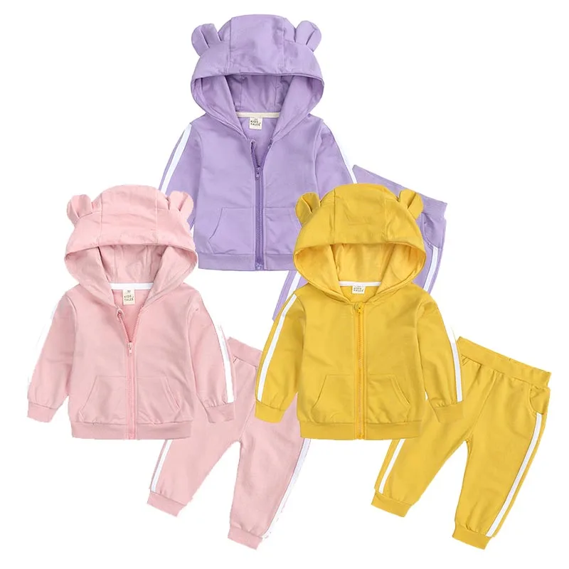 

Куртка с капюшоном для девочек и мальчиков, спортивные штаны и топ, повседневная спортивная одежда, однотонный комплект в полоску, 2 предмет...